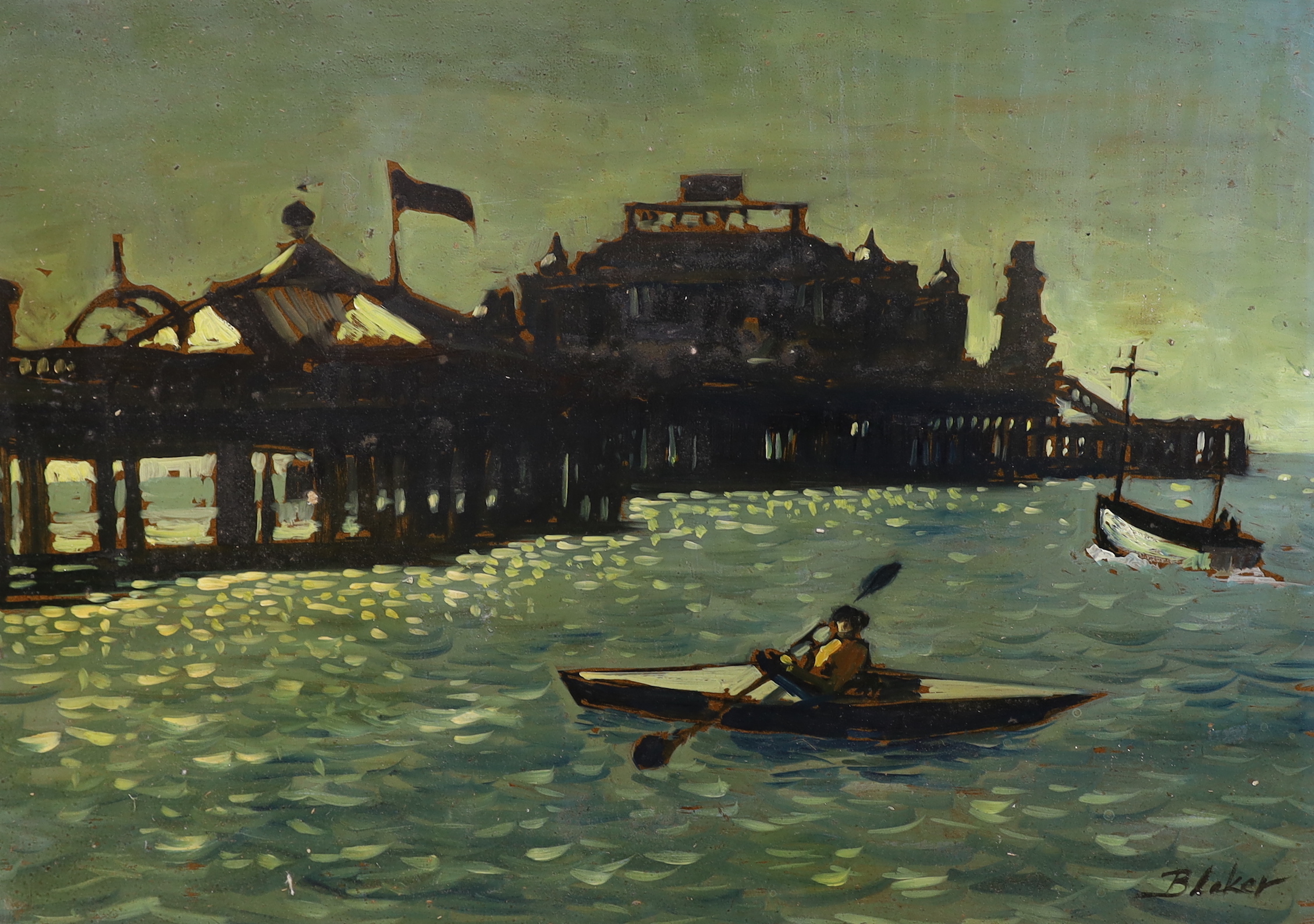 Michael John Blaker (1928-2018), two oils on board, Figures kayaking before Brighton Pier and Coastal landscape, signed, largest 51 x 61cm